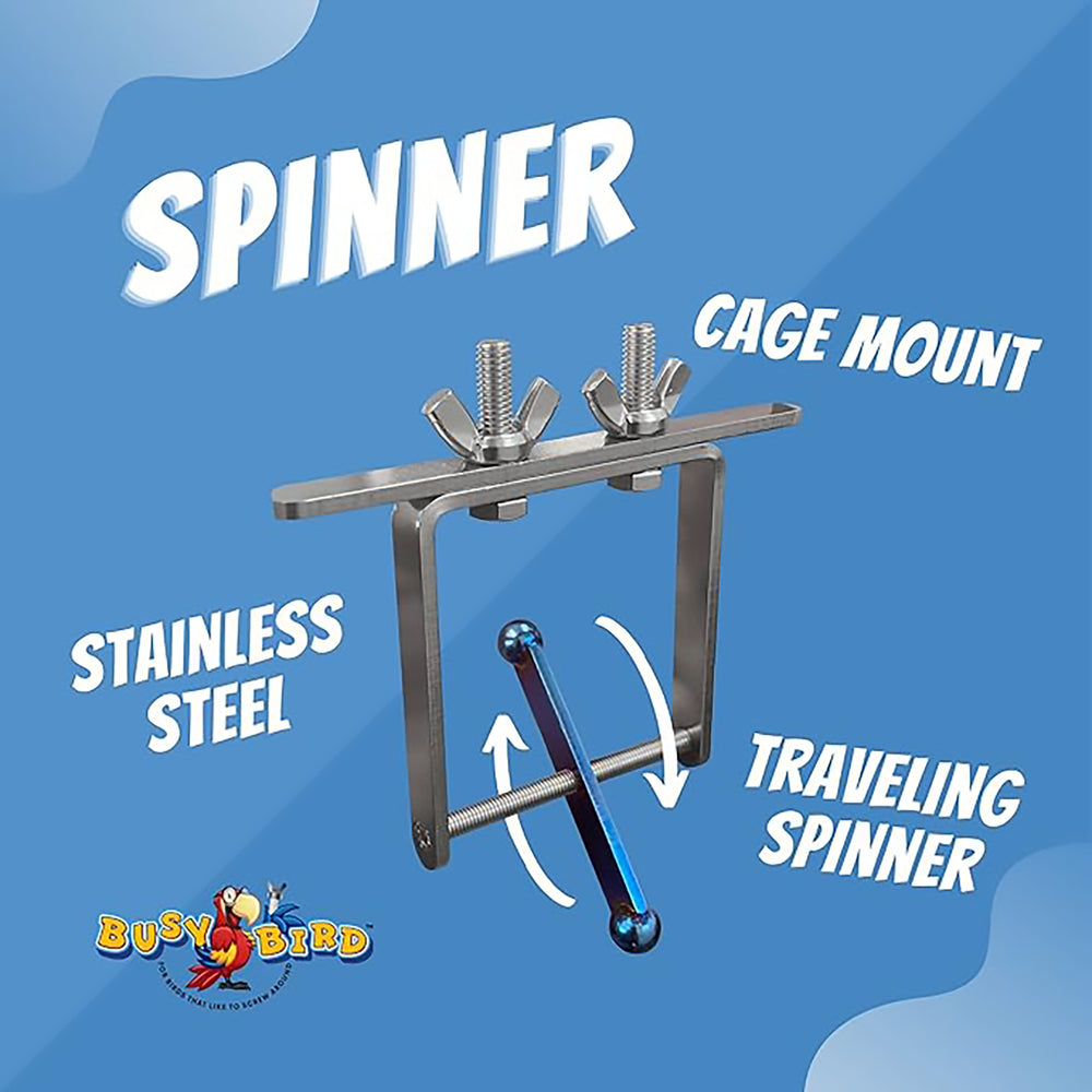 Busy Bird Busy Spinner Blue Flame Stainless Steel Spinner Bird Toy with Traveling Spinner - Durable Puzzle Enrichment Toy