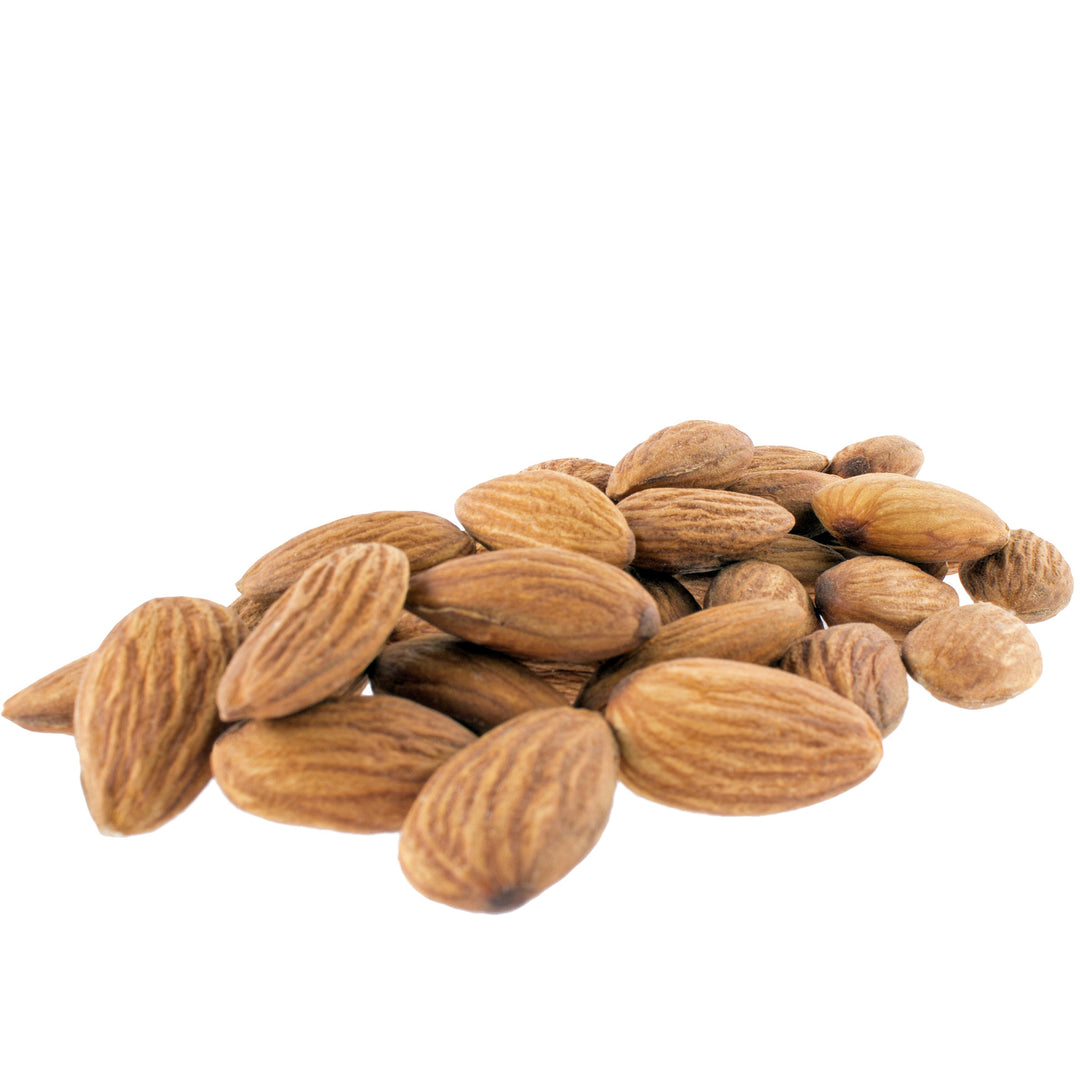 A small pile of whole almonds with natural brown tones and visible ridges, photographed on a plain white background.