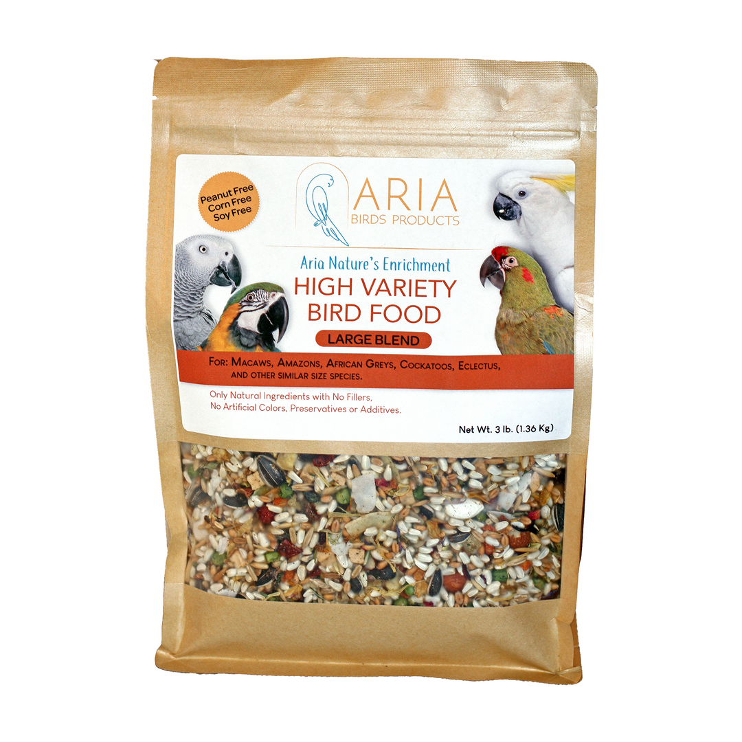 A 3 lb bag of Aria Birds Products High Variety Bird Food (Large Blend) in a brown kraft paper stand-up pouch with a clear window showing the mixed seeds inside.