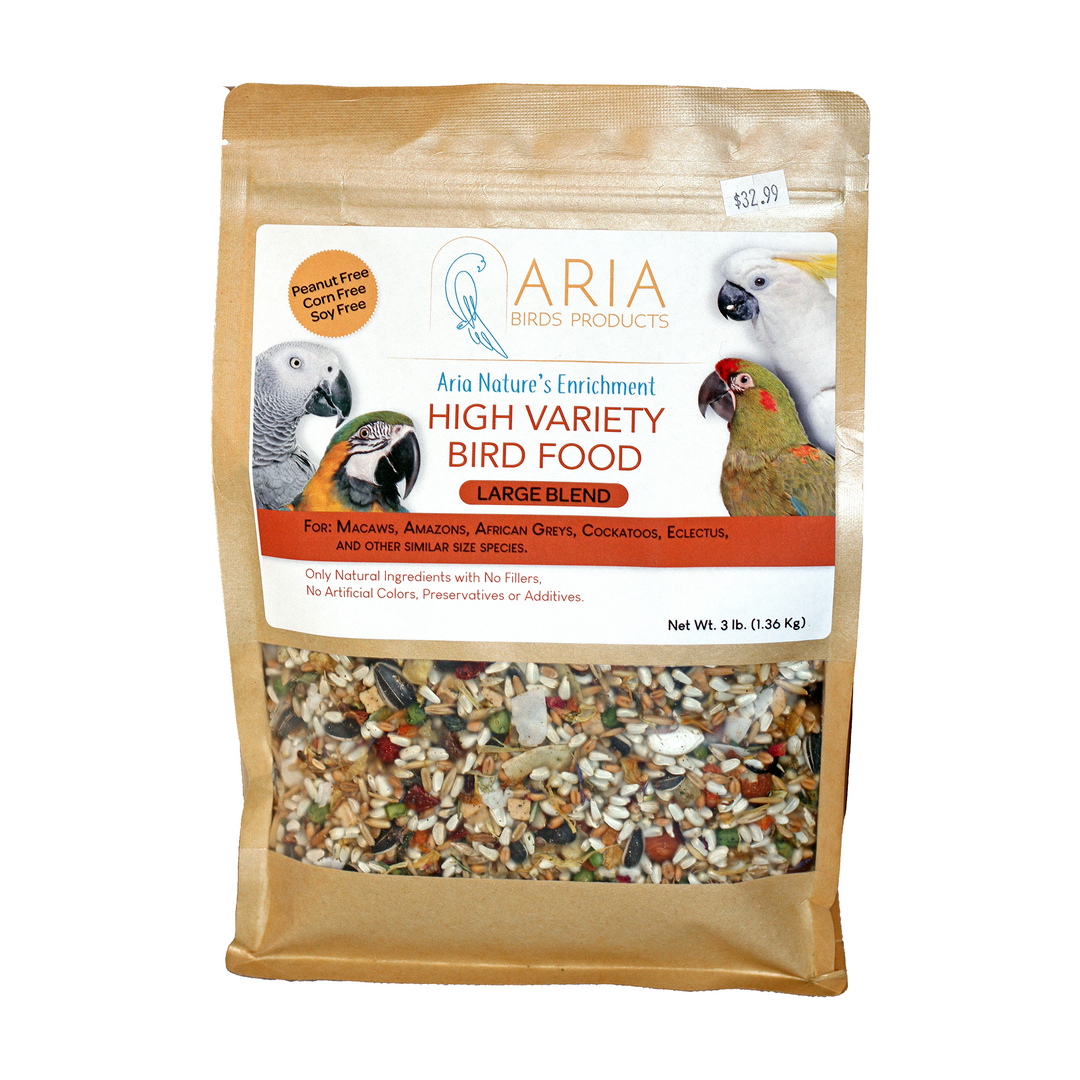A 3 lb bag of Aria Birds Products High Variety Bird Food (Large Blend) in a brown kraft paper stand-up pouch with a clear window showing the mixed seeds inside.