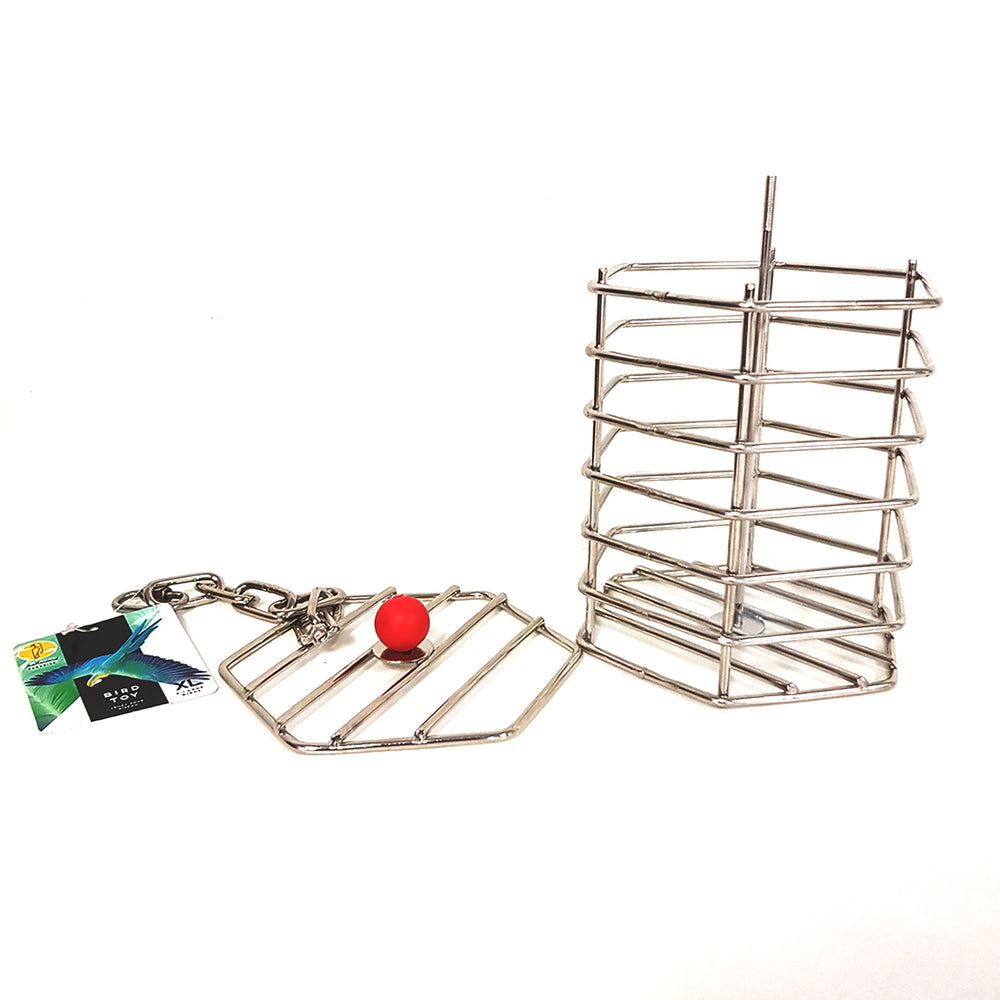 Caitec Featherland Paradise Stainless Steel Baffle Cage XL - Puzzle Treat Dispenser Parrot Toy