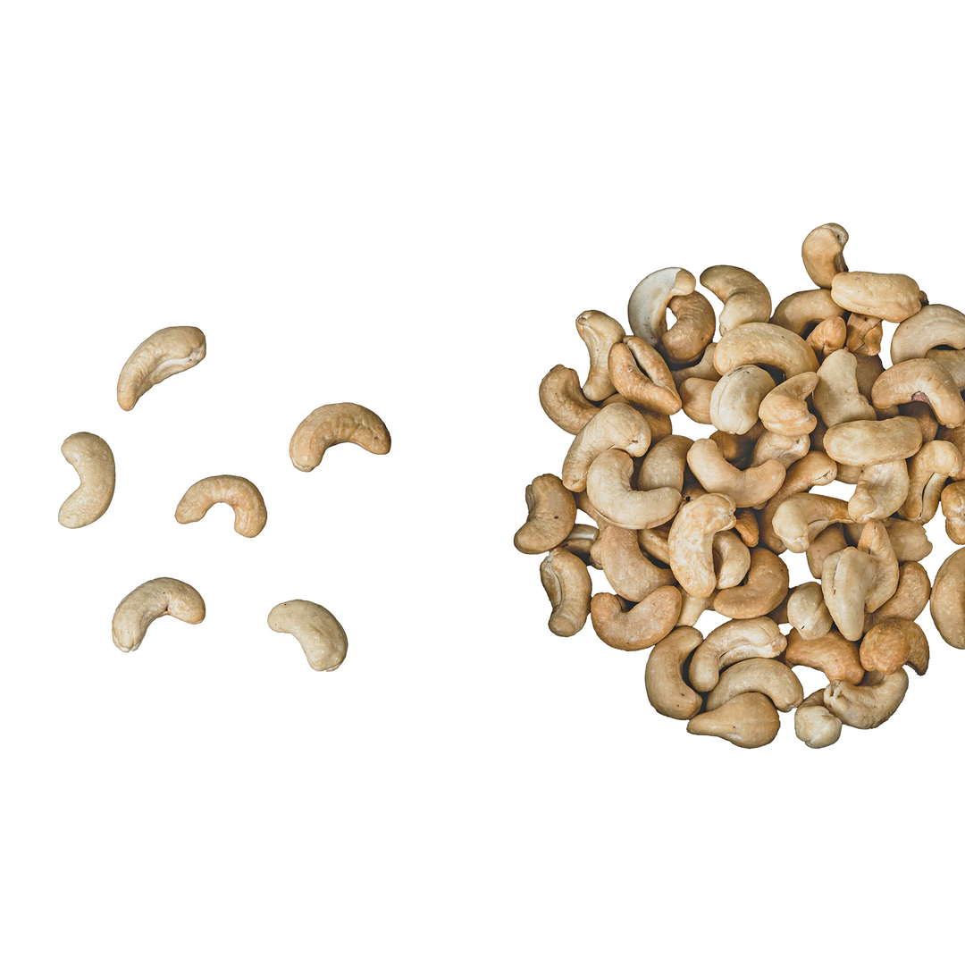 Raw, unsalted cashews that have been shelled.