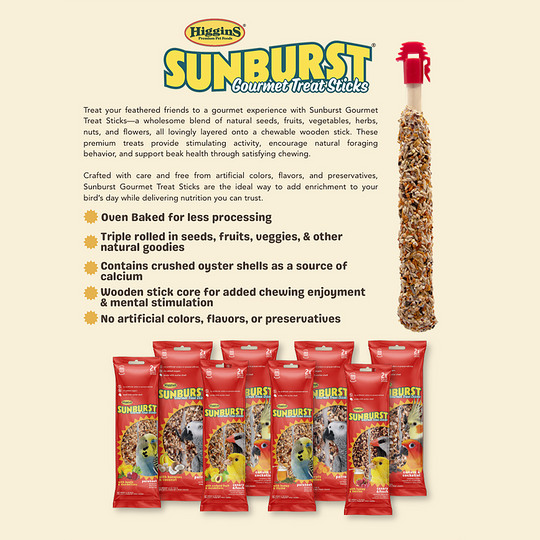 Higgins Sunburst Gourmet Treat Stick for Parakeets Honey & Thyme - 2 pack - 2.1oz