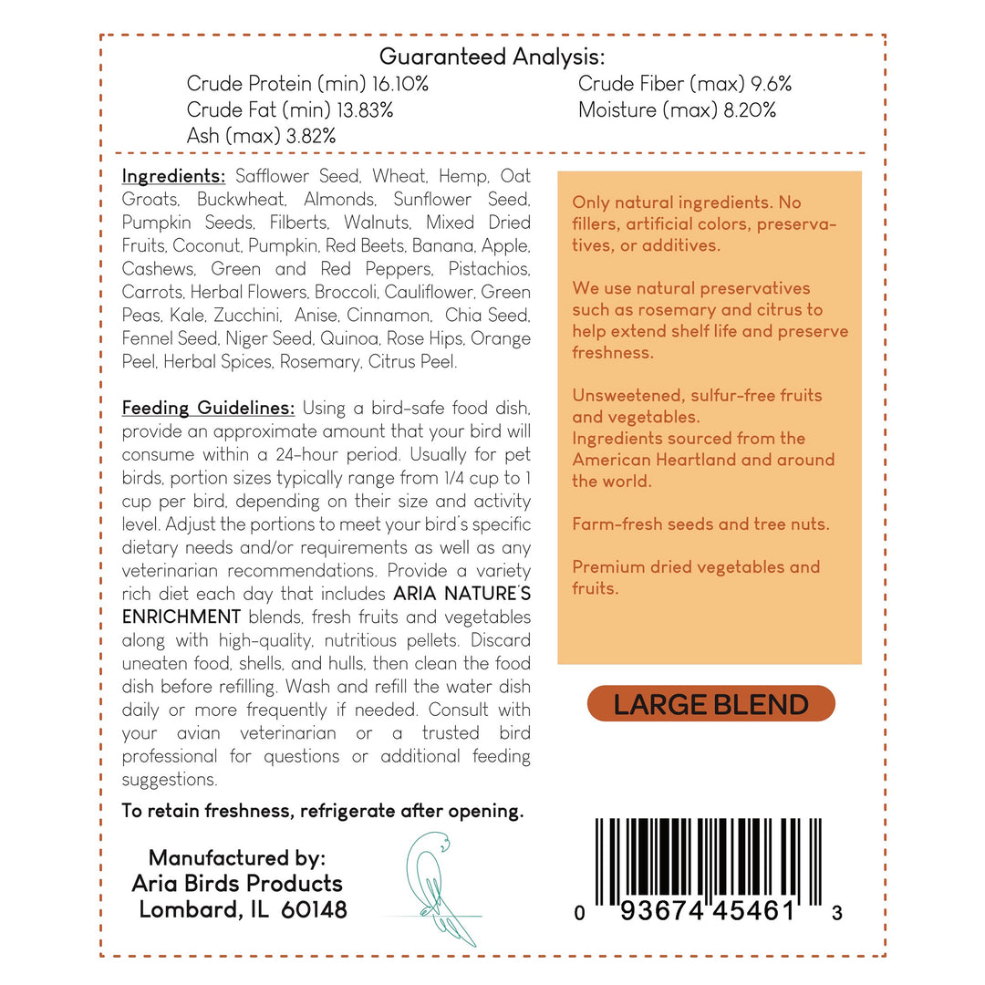 #1006 Aria Nature’s Enrichment High-Variety Seed Blend for Large Parrots - 3lb