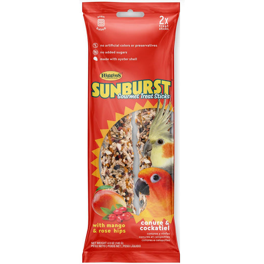 Higgins Sunburst Gourmet Treat Stick for Conures & Cockatiels Mango & Rose Hips - 2 pack - 4.9oz