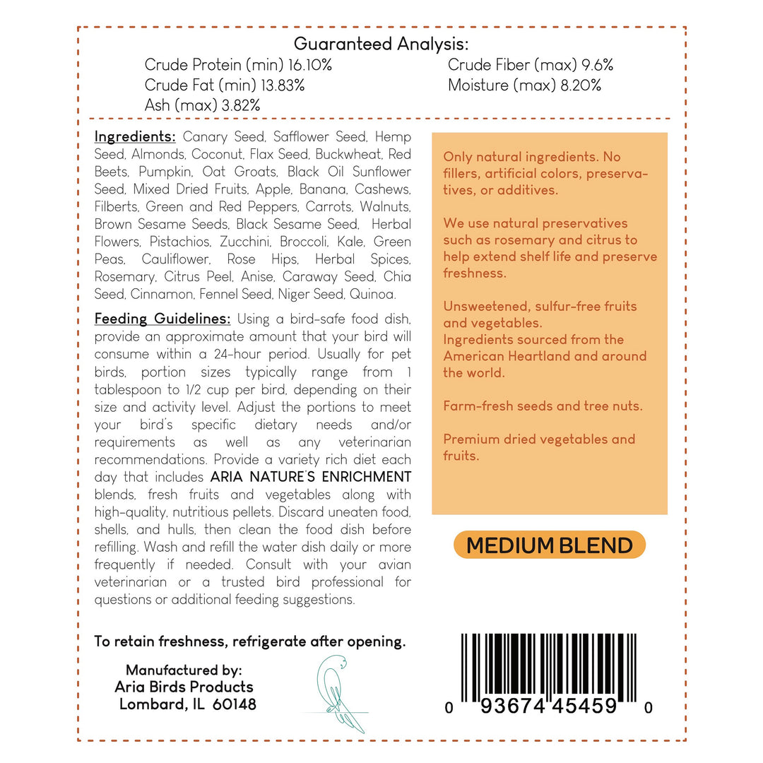 #1004 Aria Nature's Enrichment High-Variety Seed Blend for Medium Parrots - 3lb