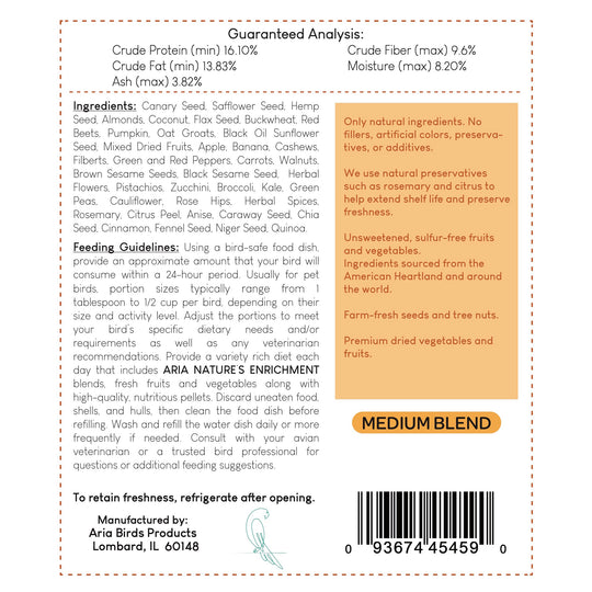#1004 Aria Nature's Enrichment High-Variety Seed Blend for Medium Parrots - 3lb