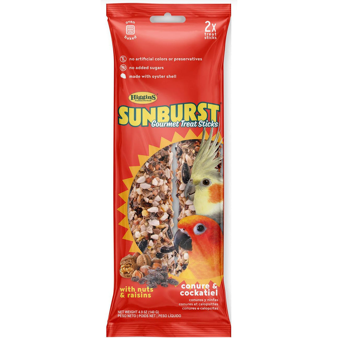 Higgins Sunburst Gourmet Treat Stick for Conures & Cockatiels Nuts & Raisins - 2 pack - 4.9oz