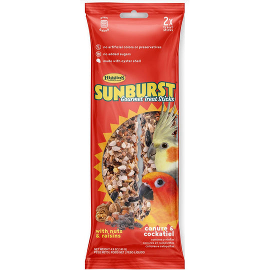 Higgins Sunburst Gourmet Treat Stick for Conures & Cockatiels Nuts & Raisins - 2 pack - 4.9oz