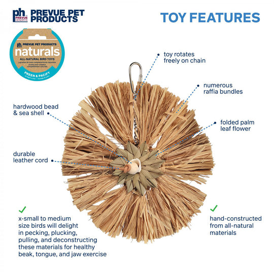 Prevue Pet Products Naturals Raffia Round Bird Toy - Shred & Chew Parrot Toy #60267