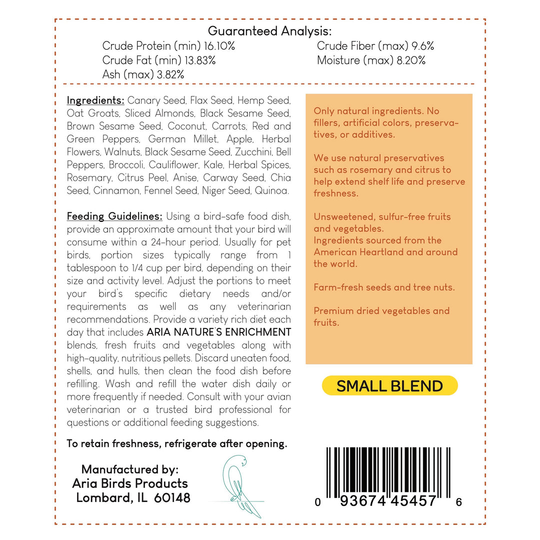 #1002 Aria Nature's Enrichment High-Variety Seed Blend for Small Parrots - 3lb