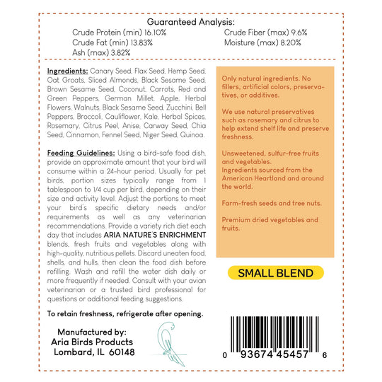 #1002 Aria Nature's Enrichment High-Variety Seed Blend for Small Parrots - 3lb