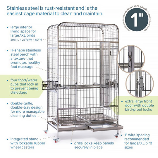 Prevue Pet Products Imperial Extra Large Stainless Bird Cage - 41 1/4” x 27 7/8” - Bird Enclosure #3457